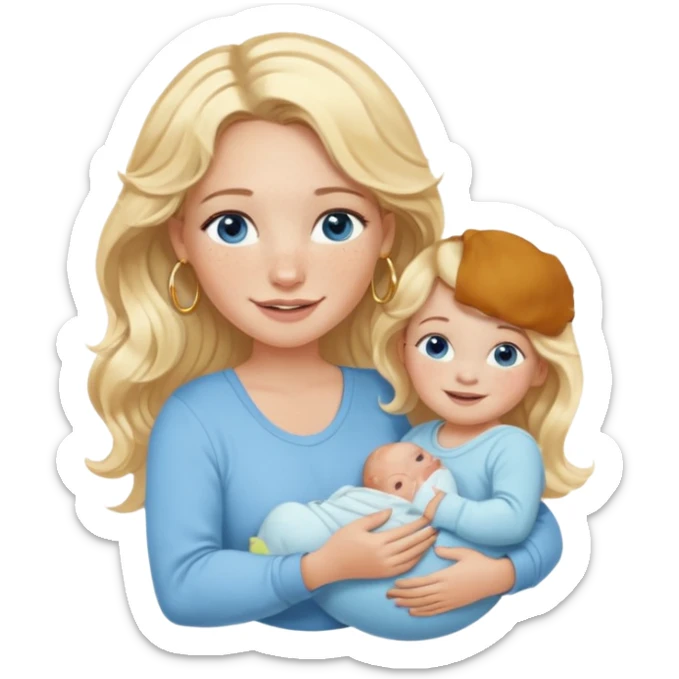 Wavy blonde, white woman with blue eyes, freckles hoop earrings, holding babies smiling and really cute in gold hoops she needs to be holding three newborns, and she needs to be more cute than pretty sticker