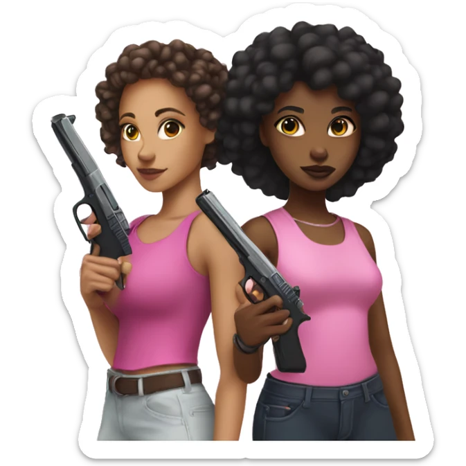 lightskin girl and black girl holding a pink guns sticker