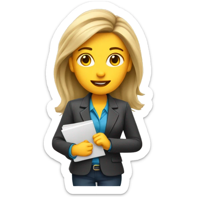 “Design an emoji of a female journalist with loose hair, holding a microphone and a notebook. It should look professional and friendly, with bright colors and details about her role.” sticker