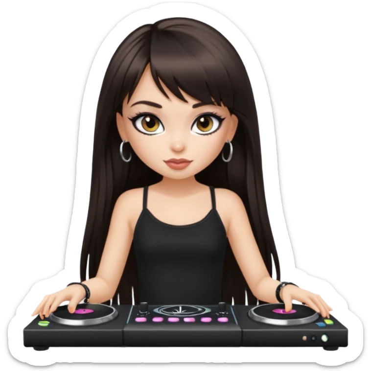 generate a pretty bratz girl in black cami top, dark brown straight long hair with bangs, eyeliner on, djing, fair sticker