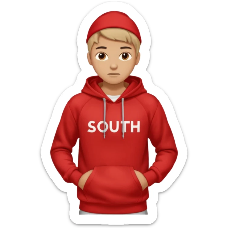 make me an emoji of an americain 19 yearold boy in a red hoodie that says "south" on it and give him with tan skin with his hands in his hands in his pocket not grining flexing his muscles sticker