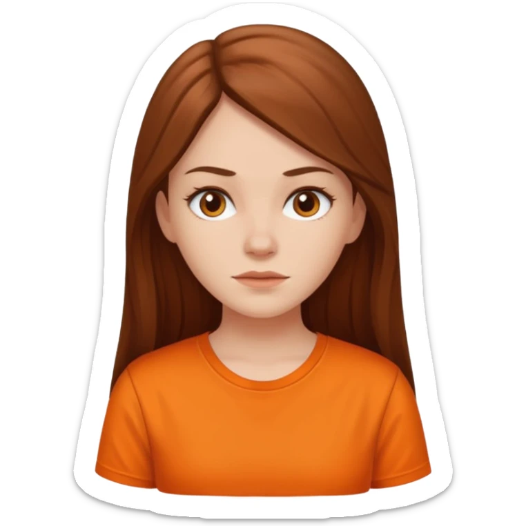 white girl with long hair and orange shirt not smiling sticker
