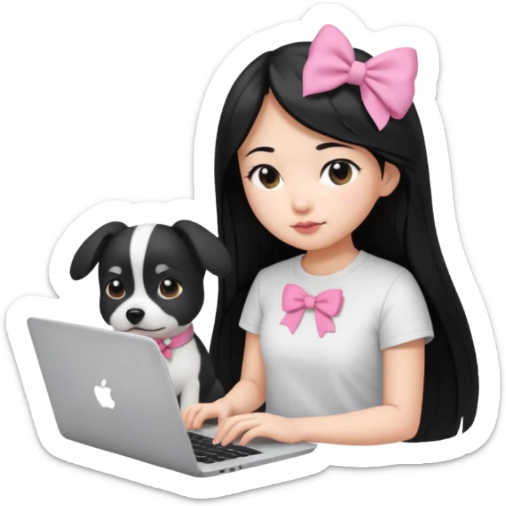 Asian girl long black hair, wearing a white t-shirt, working on an Apple laptop, next to her is a small black and white dog in pink bow sticker