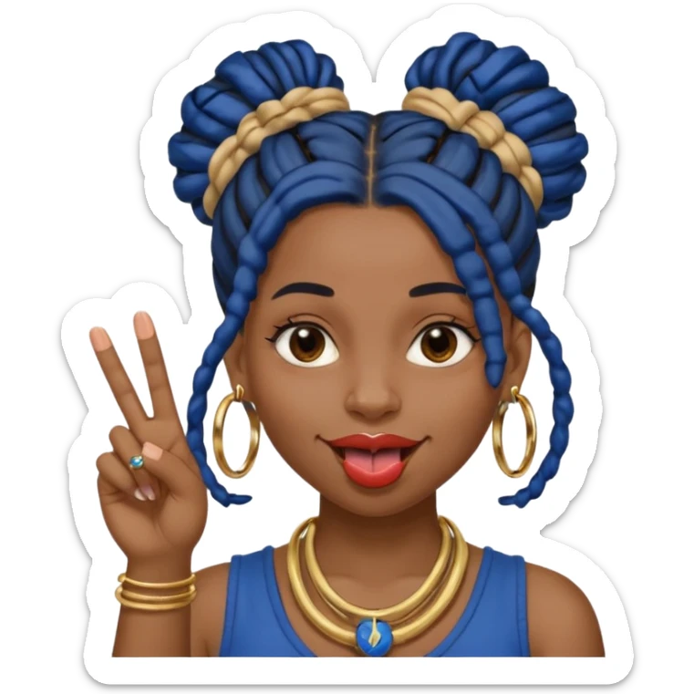 brown girl with dark blue dreads all in a bun with tongue out holding up middle finger sticker