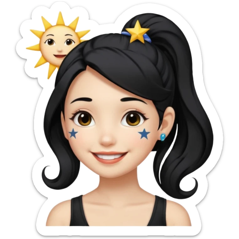 An Emoji of girl with black ponytail hair, who can be described by three words: sun, moo, star sticker