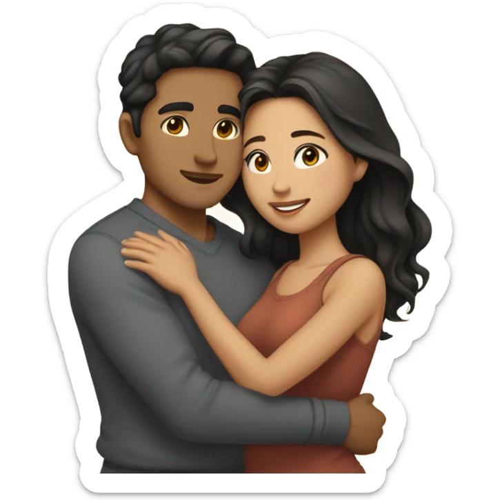 They are holding each other very tightly. An Asian man with short dark hair and amber eyes embracing and loving a half Asian woman with long wavy dark hair and dark hazel eyes. They love each other a lot And have good fashion taste. sticker