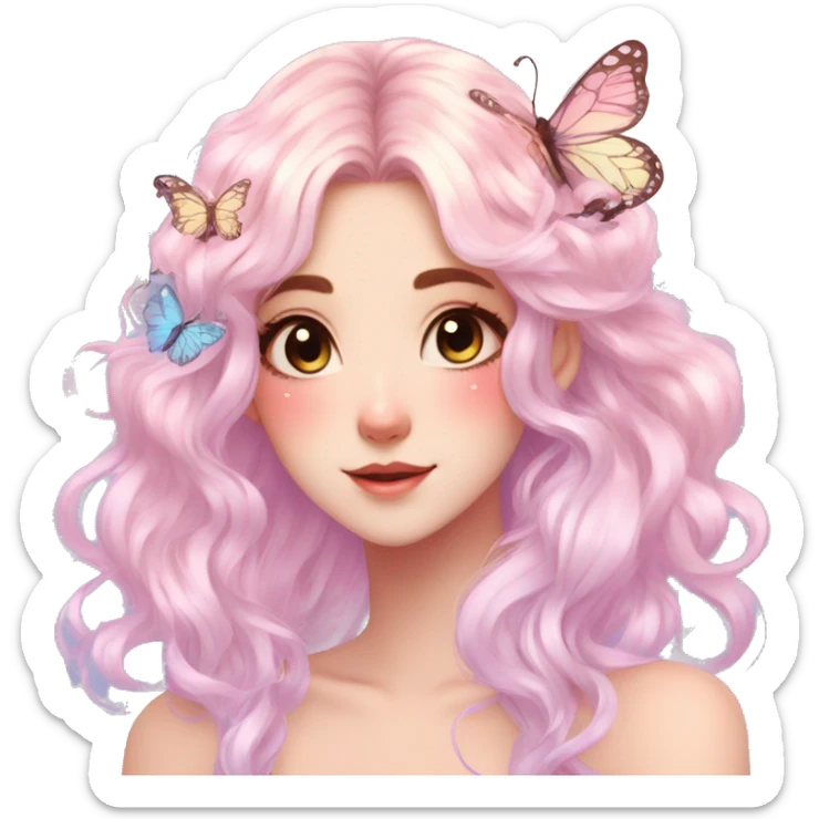 gorgeous anime pastel lady with butterflies and beautiful hair fairycore cottagecore sticker