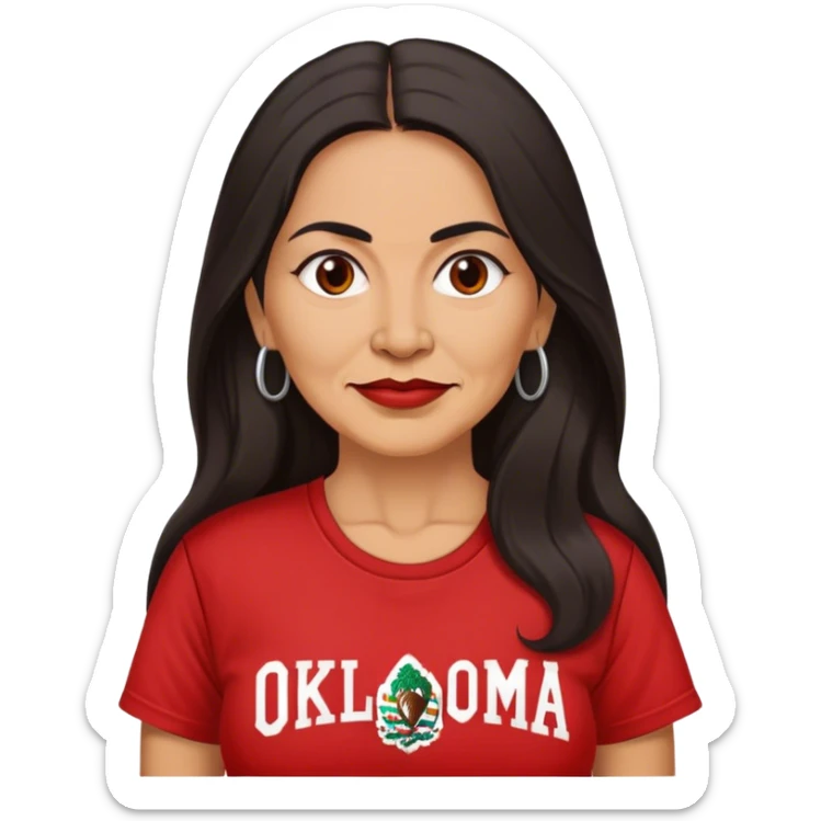 50 year old Mexican woman long hair in a red “OKLAHOMA” t-shirt sticker