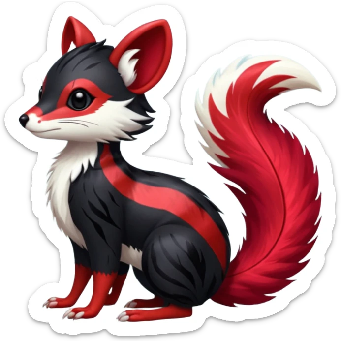 Feral Rare Fantasy shiny soft fuzzy furry vibrant tropical obsidian-black and crimson-red Vernid-Trico-species-creature by LiLaiRa, random markings, tufted tail, tufted ears, full body with markings with white skunk-tail-stripes sticker