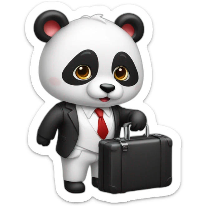 A professor with white suit and red tie and a panda face eating a hotdog and holding a black suitcase sticker