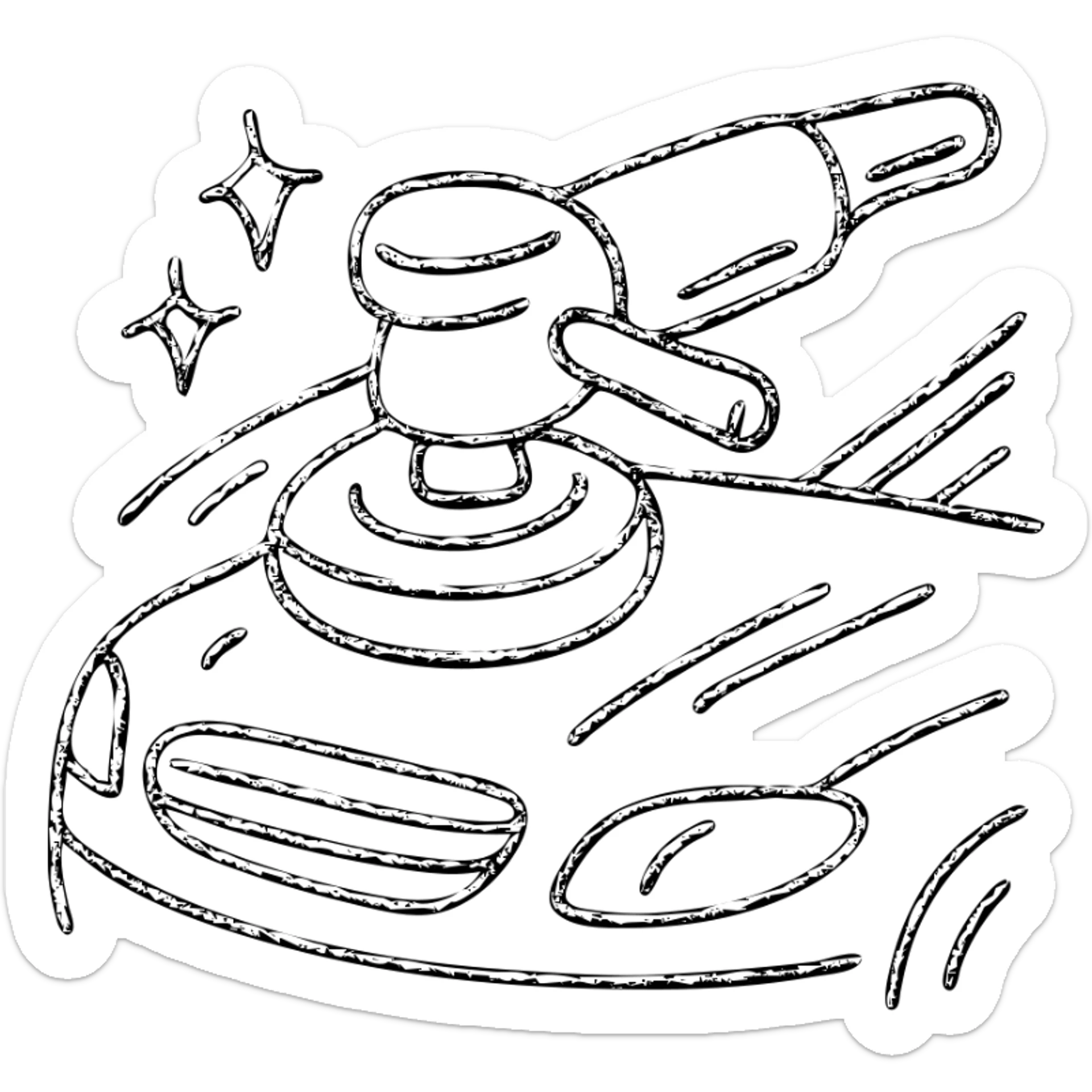 hand-drawn outlined icon of a polishing machine on a black car hood, silver details, reflection and soft shine waves, clean and modern sticker