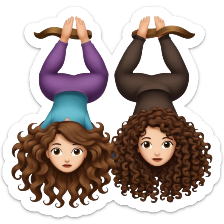 spell confusion — long wavy brown hair tattooed woman and short tight curly brown hair woman — scroll upside down sticker