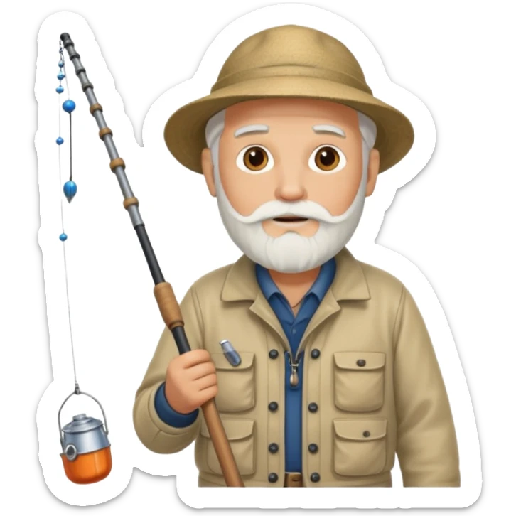 an old white haired, bearded man in fisherman attire, stood in a boat at sea, holding a fishing rod and catching fish with it. sticker