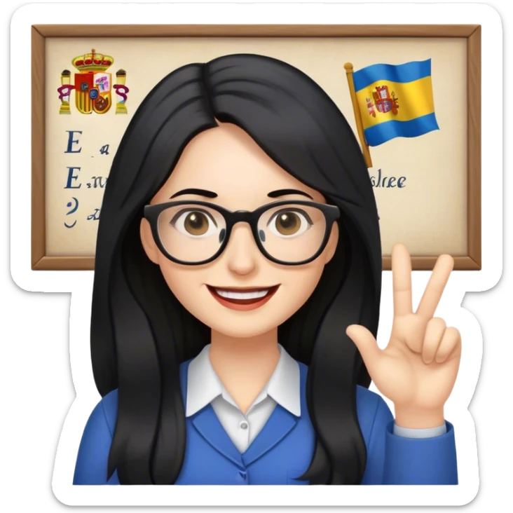 pale female teacher with long black hair, wearing glasses teaching Spanish sticker