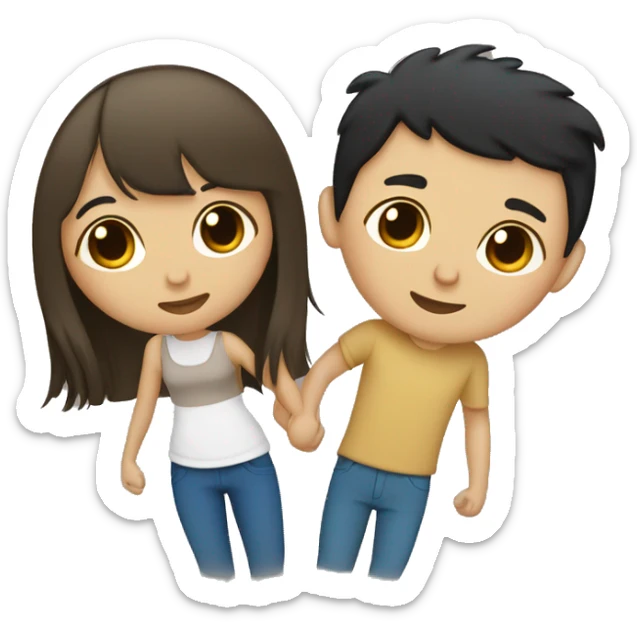 Tan skin girl with black hair and bangs, white skin boy with blonde hair and blue eyes, kissing sticker