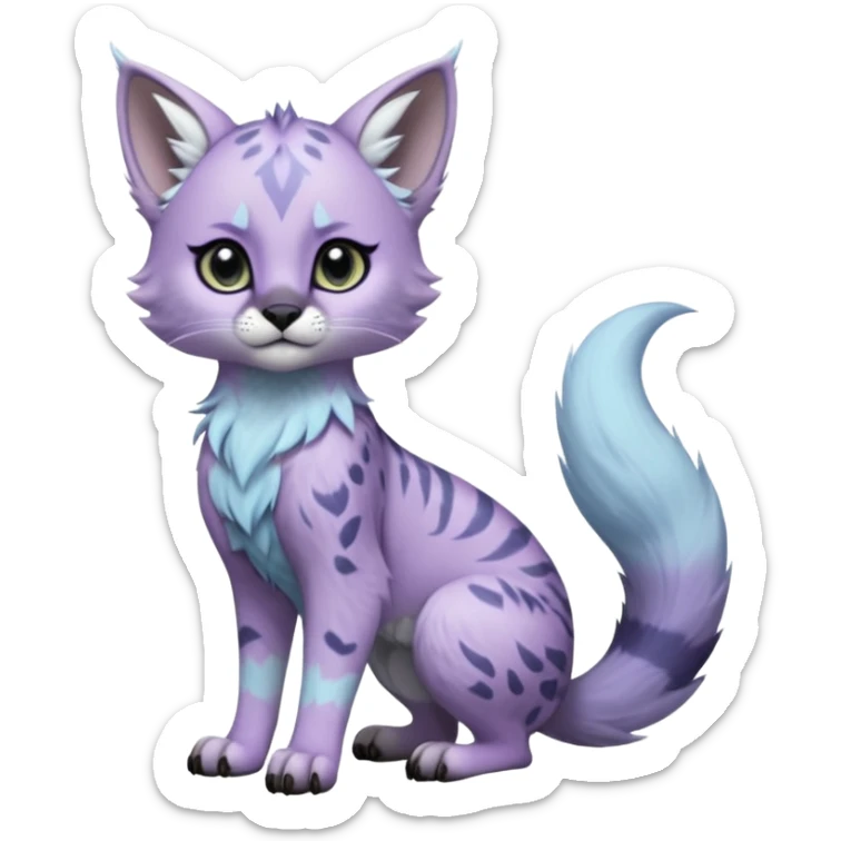 Cute kawaii cool edgy badass  pale frost-lavender fur with shimmering icy highlights fantasy-caracal-civet-genet-sergal-vernid-Gryphon-Cacomistle-Trico-oncilla-animal-Fakémon-hybrid-fursona (full body), facial markings, (realism style) sticker