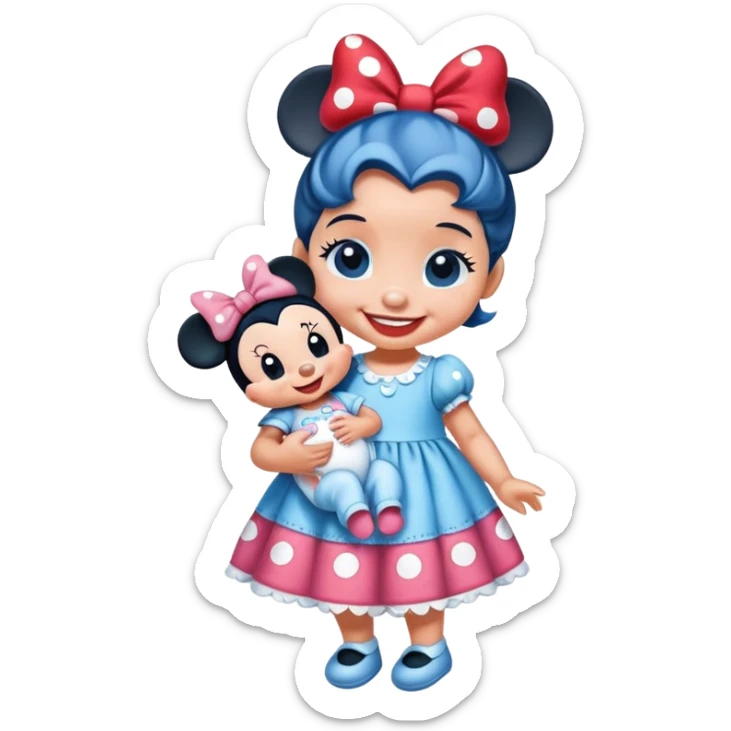 a stitch baby wearing a Minnie mouse dress holding a baby doll sticker