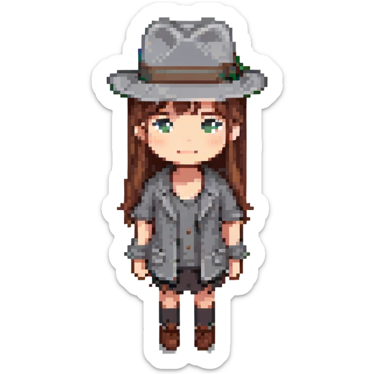 girl with brown hair wearing a grey fedora, pixel art style sticker
