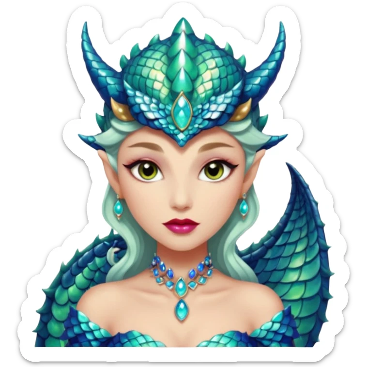 Am amazing blend of a half dragon woman with glittering jeweled scales covering her body. She has large almond shaped eyes, lush lips, and she wears a stunning luminescent gown. sticker