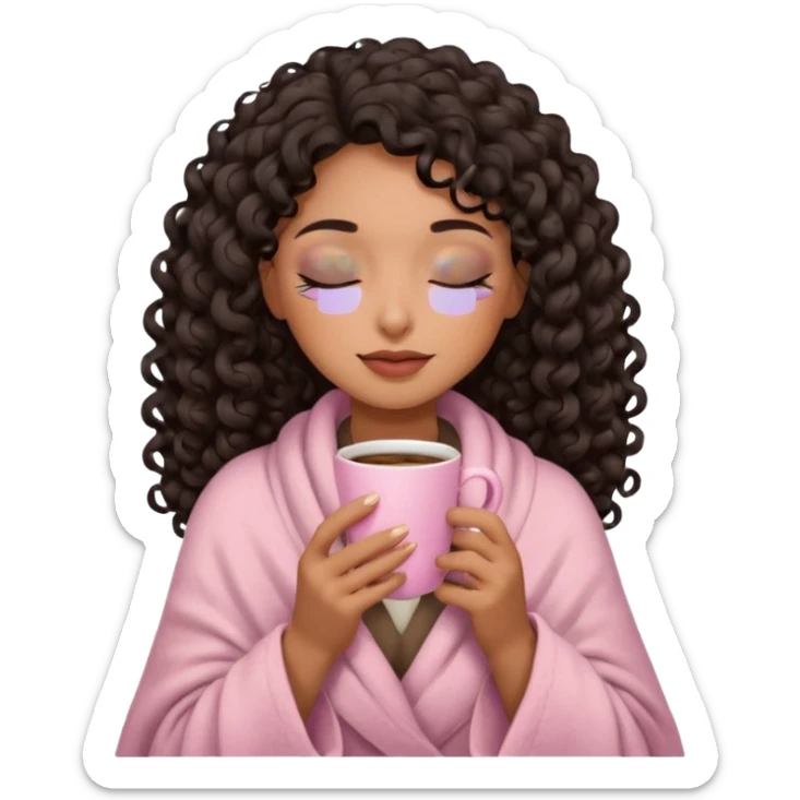 hispanic woman, brown skin, black long 3b curls, closed eyes, feminine face, holding soft pink coffee cup with beige blanket over shoulders, correct fingers, no eyeshadow sticker