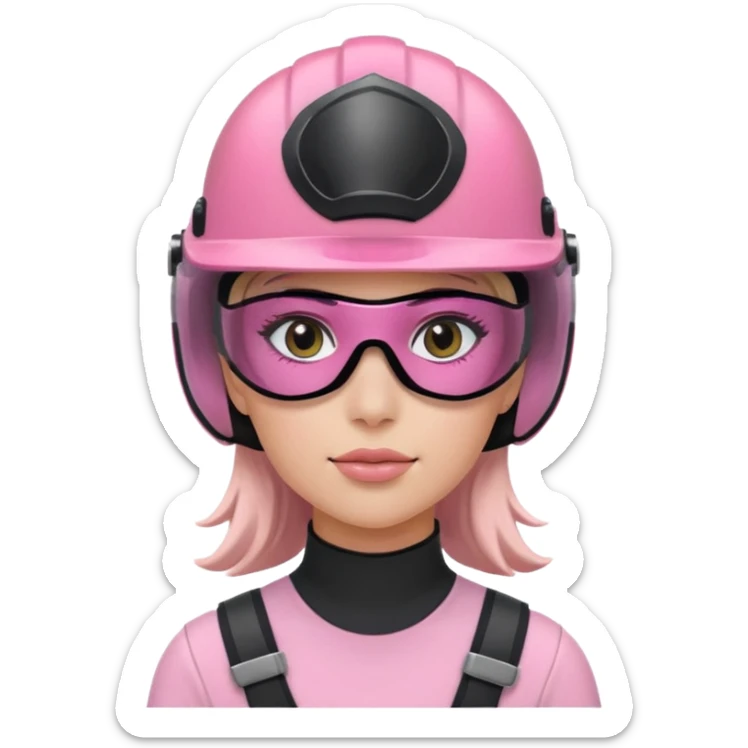 pink power ranger, woman emoji, with helmet on, black visor eye protection sticker