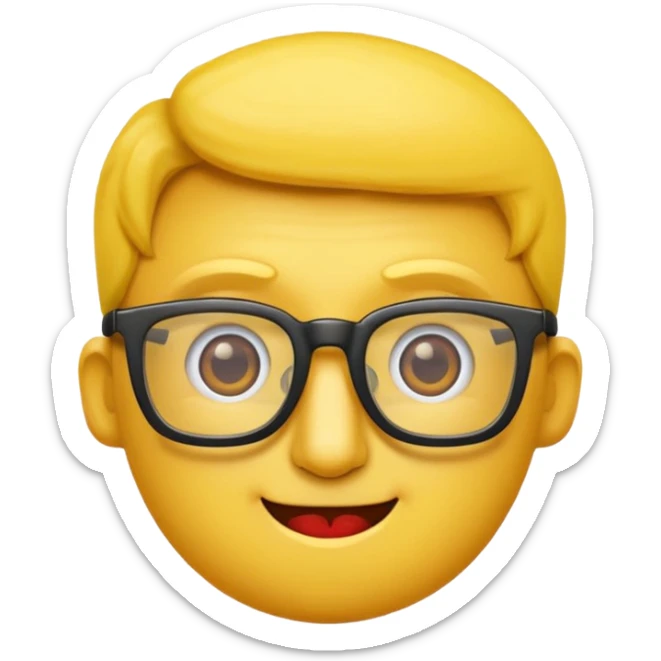 Créer un emoji nerd le perso doit être une tête basique d'emoji jaune avec une grosse paire de lunettes rectangulaires noires 3 boutons sur chaque joue et une dent qui dépasse  sticker