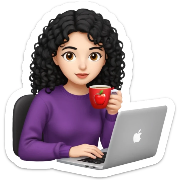 young Persian woman, 20 years old, black curly hair, wearing a sweater, holding a coffee cup and typing on a laptop, focused expression, 3D Apple emoji style sticker