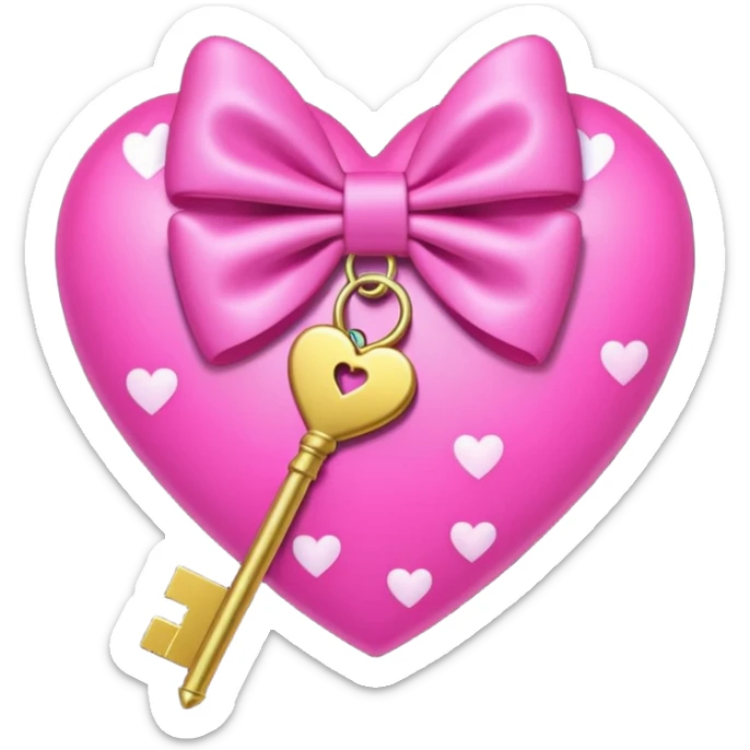 neon heart with a pink bow, heart pattern on the bow, and a golden key, emoji style sticker