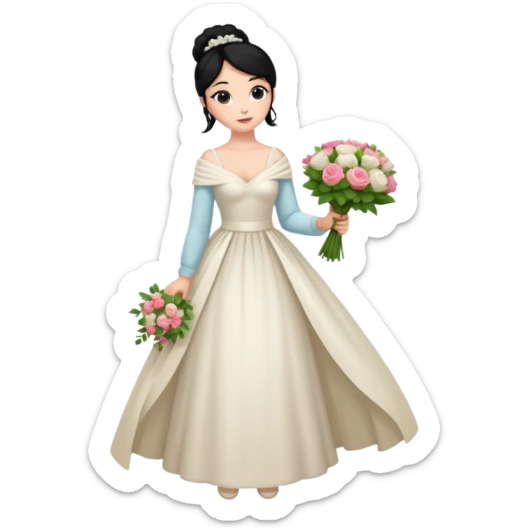 Chica blanca,cuerpo entero, vestido boda ,manga larga ,con estola, pelo negro,    ramo de flores una mano, pelo recogido en moño alto sticker