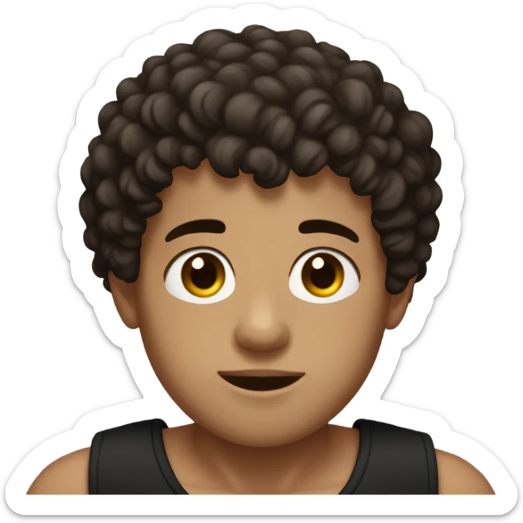 Boy with hair shaved on the sides and curly hair on top, dark brown eyes, wearing black tank top sticker