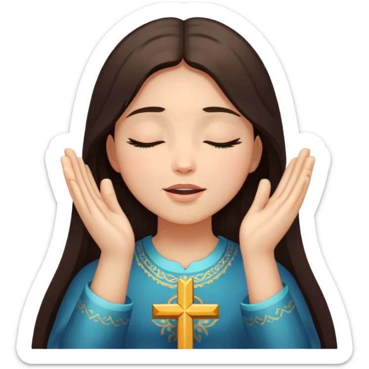 Girl long dark brown hair light medium skin worshipping God hands lifted eyes closed sticker
