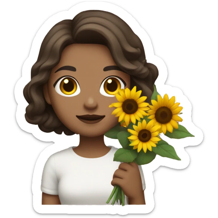 a white girl with shoulder length dark brown hair, small rosy lips holding a bouquet of sunflower sticker