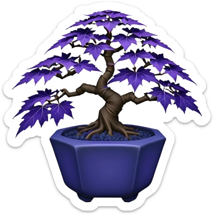  small short cascading black indigo bonsai pot plant purple filigree-leaves maple tree with triangular angular multi-hexagon faceted asymmetrical originally shaped pot sticker