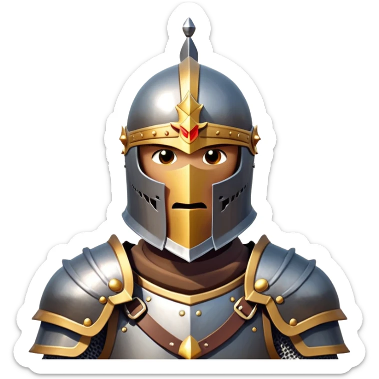 clash-of-clans-aesthetic_-cinematic-fearsome-and-majestic-knight-bust-portrait-emoji, rendered in a flat, vector-style with minimal shading and bold, simplified shapes, depicting a battle-ready medieval knight with steely eyes and intricate armor, mounted on a warhorse reflecting sunlight over a misty battlefield. sticker
