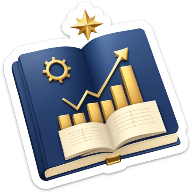 A navy blue productivity book with gold details, chart with upward trend aura, radiating productivity, strategy, and success in motion- sticker