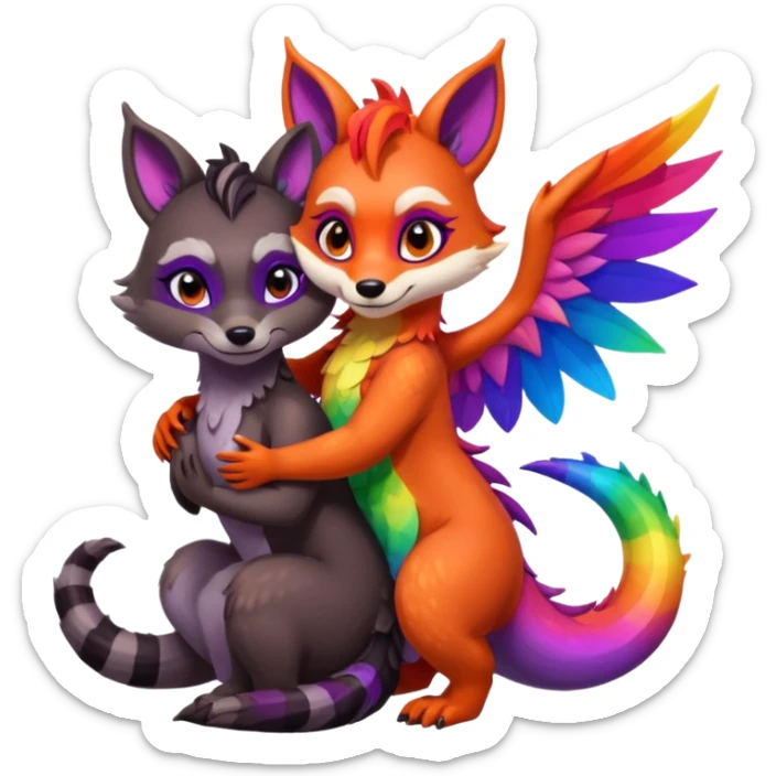 black female raccoon dragon hybrid with rainbow colored wings and purple eyes giving a big hug to a red female fox dragon hybrid with rainbow colored wings and orange eyes sticker