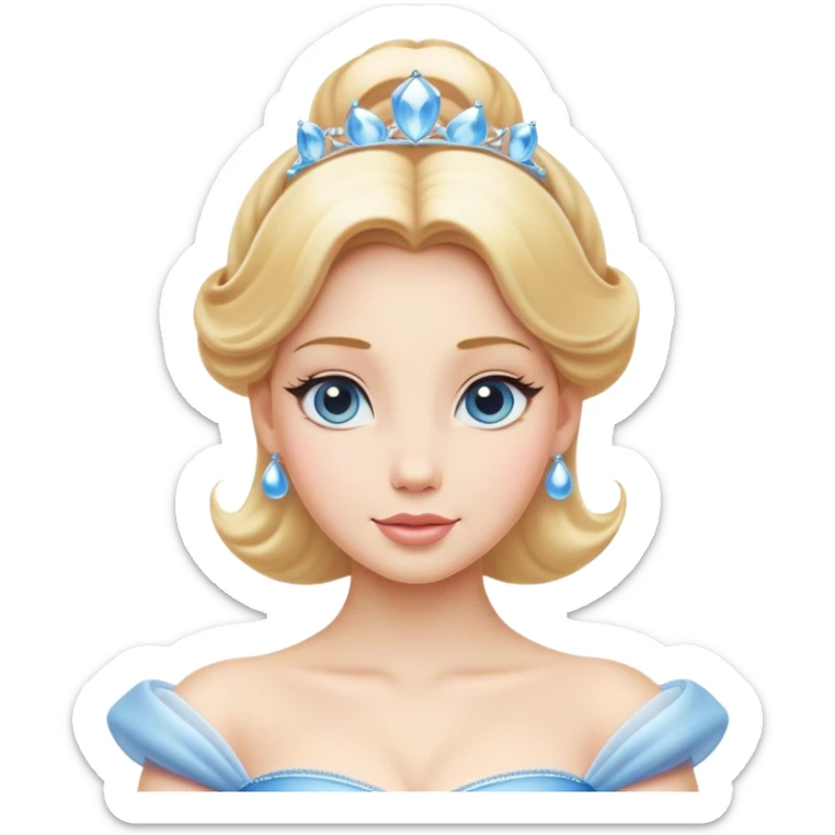 Cinematic Elegant Cinderella Portrait Emoji, rendered in a beautifully detailed, vector-style with minimal shading and bold, simplified shapes. Depict Cinderella in her classic ball gown (chest and above) with fair, porcelain skin and elegantly styled blonde hair, her eyes soft and kind, and her expression serene and graceful. The design glows with a gentle, enchanting radiance and high shine, capturing the timeless beauty of a fairy tale princess. sticker