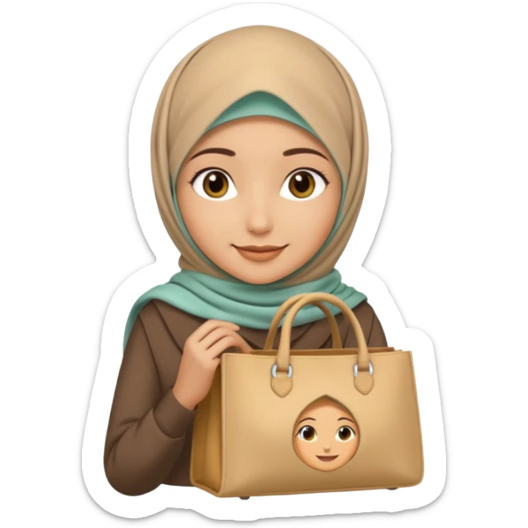beautiful smiling hijabi girl as iOS 18 emoji, stunning hijab, carrying tote bag with text 'keep chasing your dream' in soft gold color sticker