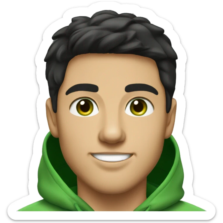 A young man with black hair and green eyes. Wearing a green hoodie. Smiling. Hairstyle like Tom Cruise sticker