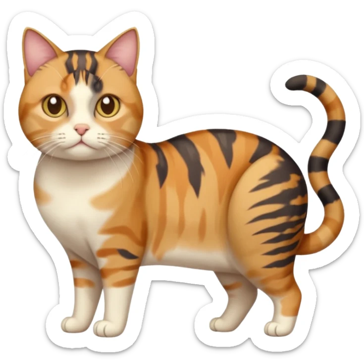 full body calico tabby cat with skinny head and fat body with an anxious face sticker