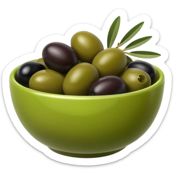 olives object icon, black and green olives in a small bowl, glossy look, 3D cartoon, mobile game icon style, clean background, no text, no watermark
 sticker