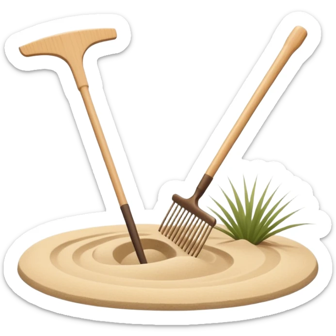 Minimalist emoji of a Japanese zen garden rake with four teeth, elegant thin lines, light wood tone, sand-beige palette, flat vector style, calm and balanced aesthetic, zen-inspired, transparent background, premium minimal design sticker