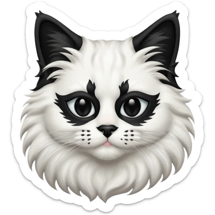 black and white long hair cat. black nose. black splotch near nose on the right side. black mask. white chest.  sticker