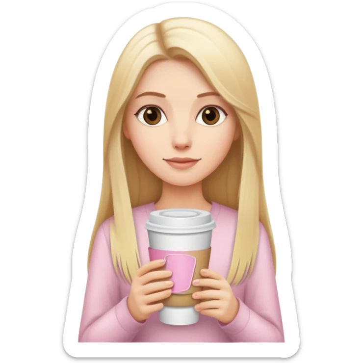 A white girl with long blonde straight hair and a pale pink paper cup of coffee and sticker