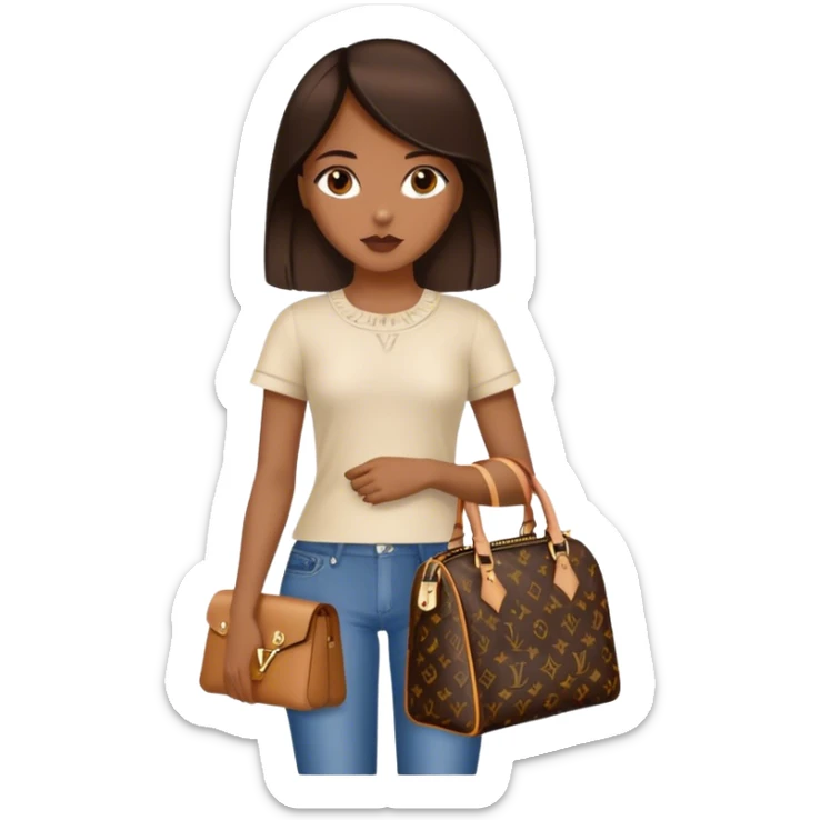  Brown girl with dark brown medium straight hair carrying one Louis Vuitton purse on her arm while standing  sticker