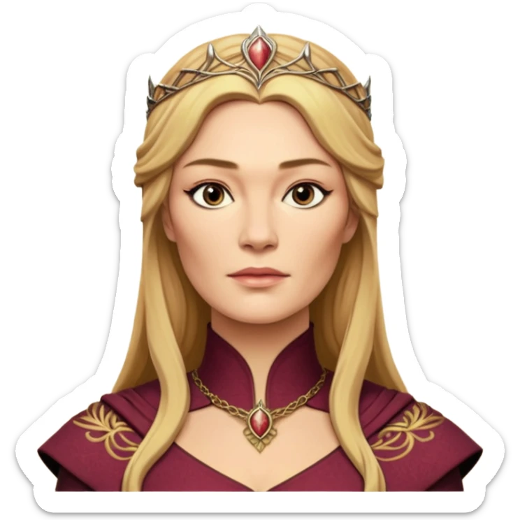 Cinematic Realistic Cersei Lannister Portrait, depicted with lifelike skin texture, subtle rosy undertones, and soft natural lighting that enhances the gentle contours of her face. Her intricately detailed golden blonde hair is elegantly styled , sticker