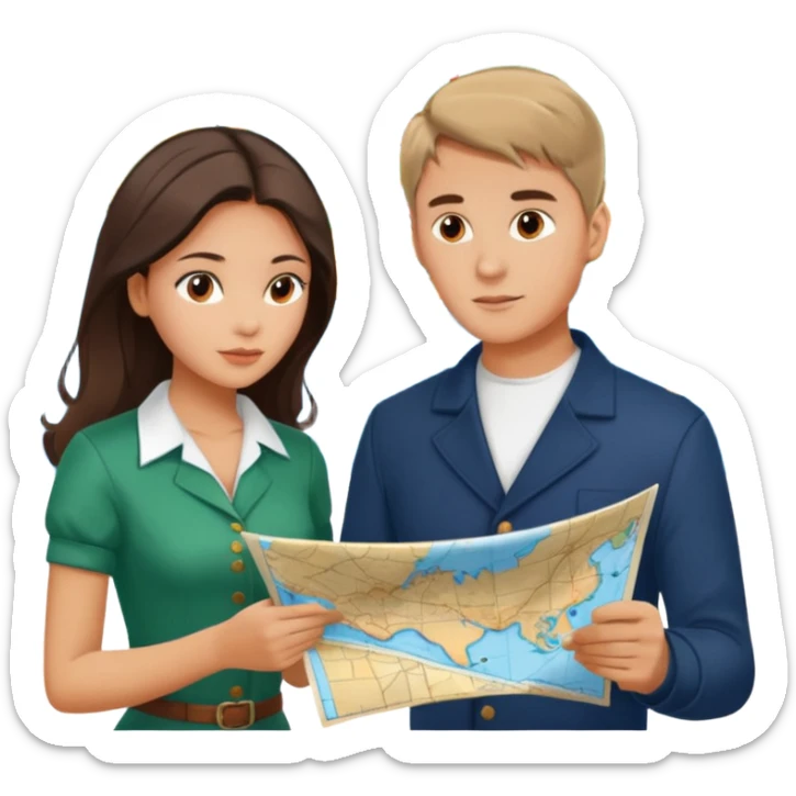 Russian young man and elegant fair-skinned Latina girl in costal outfits with a map planning  sticker