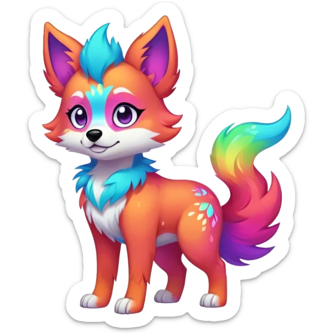 Vibrant multicolored neon-colored Falvie-Fionbri-creature-sparkle-dog-fursona, full body sticker