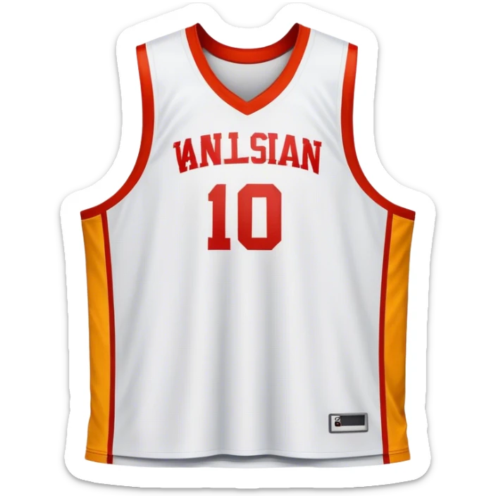 Cinematic Realistic image of a basketball jersey rendered in bold team colors with finely textured fabric and realistic creases, set against an energetic court backdrop with bright, dynamic lighting sticker