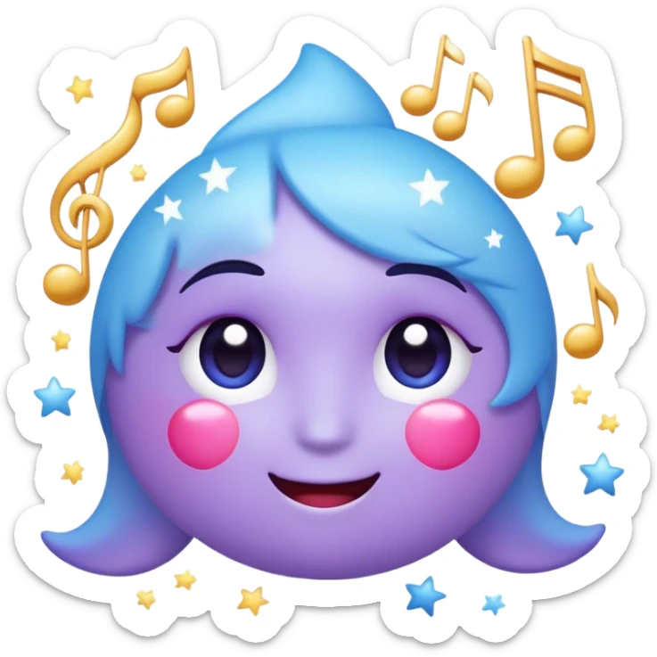 A cute and playful emoji with a smirking face, sparkling eyes, and a pastel blue-purple gradient. It has floating stars, hearts, and music notes, giving it a mysterious yet charming vibe sticker